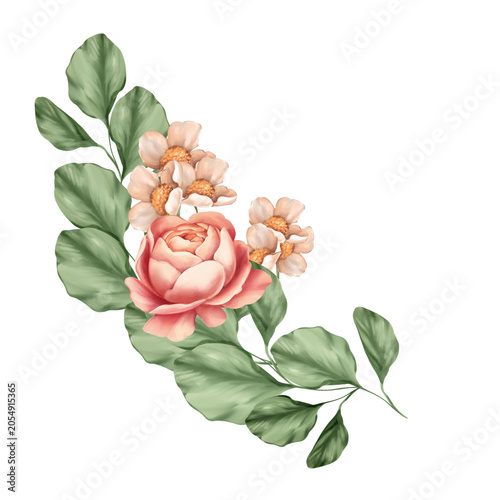 Bouquet with flowers, rose and green leaves. Botanical flower illustration. H...