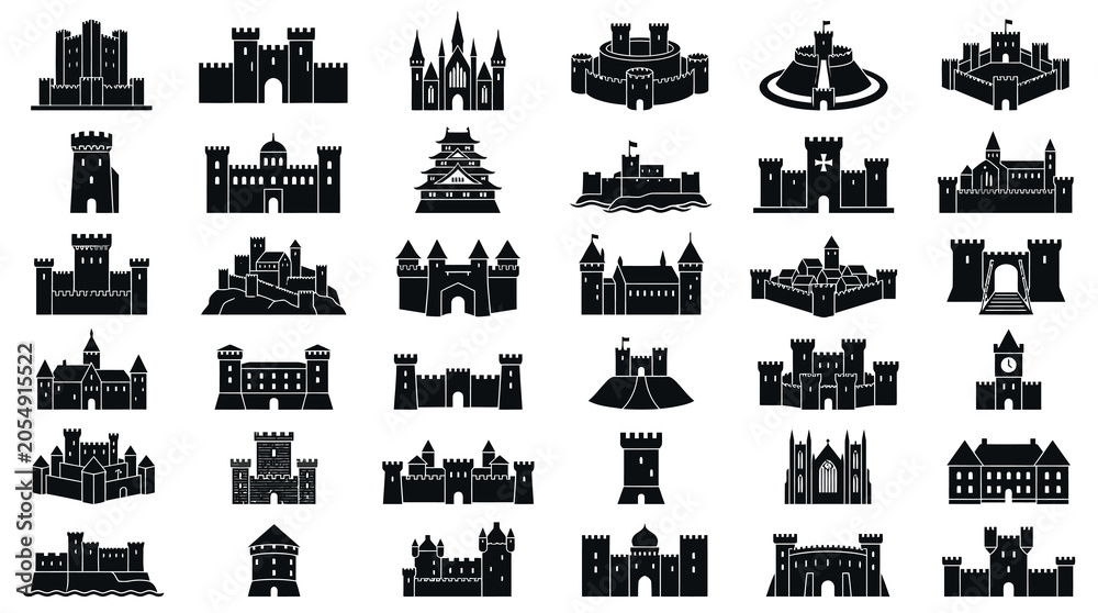 Obraz premium A comprehensive collection of thirty-six black silhouette icons of medieval castles, fortresses, towers, and historical fortified architecture in a clean flat design style on white background.