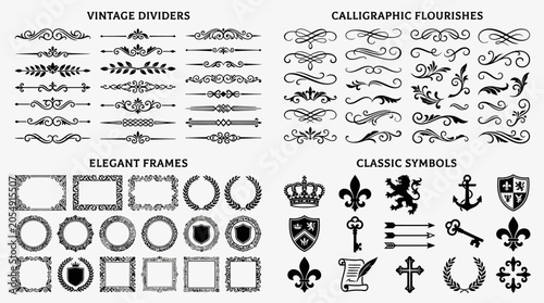 Foto Set of Vintage Ornamental Design Elements including Calligraphic Flourishes, Ele