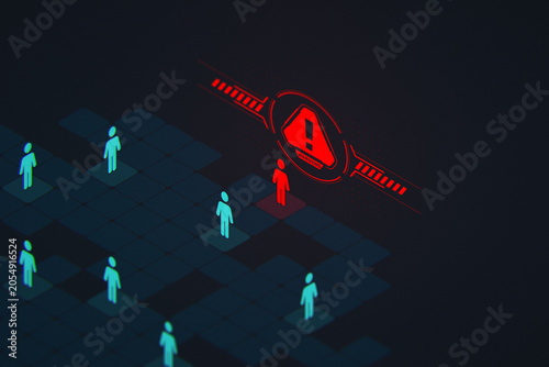 Isometric cyber security warning concept with red human icon selected as threat amongst green users on dark network background.