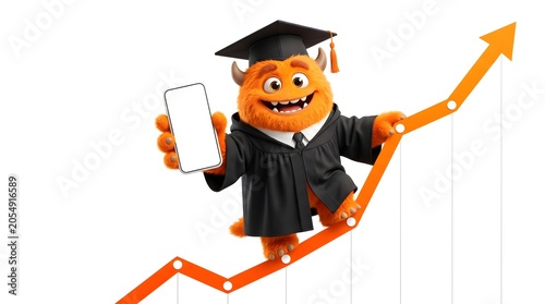 cute graduation monster climbing growth chart while holding smartphone with blank white screen