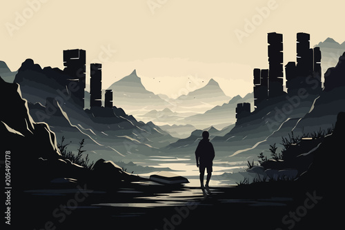 Tableau sur toile Solitary figure walking through a desolate landscape with ruins and mountains under an overcast sky