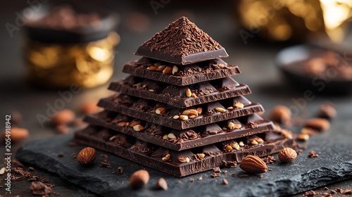 Chocolate Pyramid with Nuts on Black Slate Plate