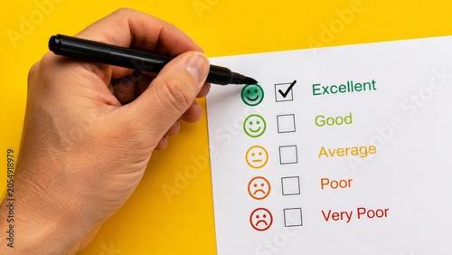 Plakat Hand checking excellent box with emoticon on feedback form.