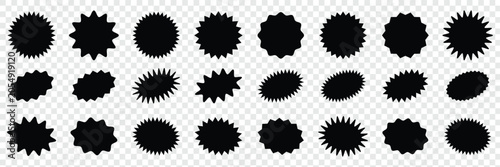 sunburst and starburst sticker shapes collection, Vibrant rounded zigzag badges, spiky circles and sunburst price tags, discount and sale labels, special offer promo tags and geometric seals. 