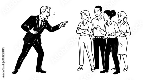 Canvastavla angry boss pointing and scolding employees during workplace conflict and team di