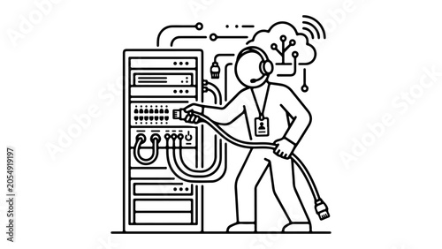 IT technician connecting server cables in data center rack with cloud network support headset, network administrator connecting cables in the rack icon on white background