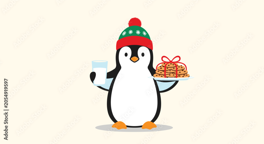 Fototapeta premium Cute cartoon penguin wearing a winter hat and holding a plate of chocolate cookies and a glass of fresh milk.