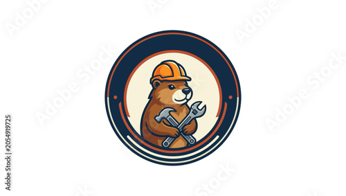 Tool Focus Beaver mascot with hammer and wrench close-up, construction tools focus, minimal vector logo, clean flat style, vector, illustration, face, funny, character, holding tools, helmet, circular