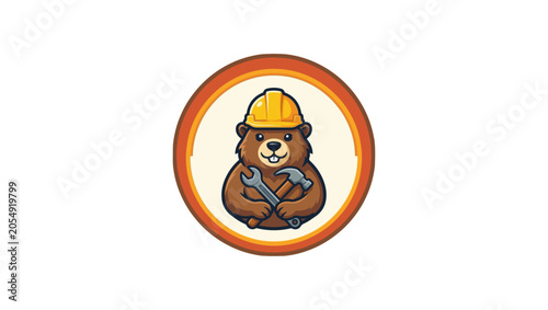 Tool Focus Beaver mascot with hammer and wrench close-up, construction tools focus, minimal vector logo, clean flat style, vector, illustration, face, funny, character, holding tools, helmet, circular