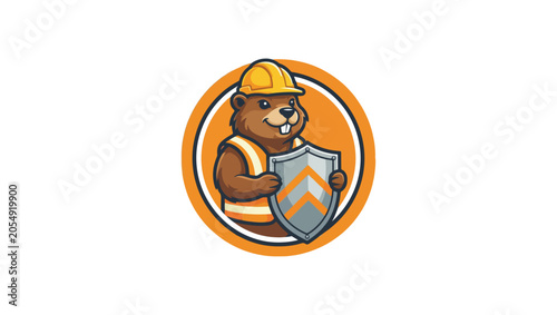 Beaver mascot with shield shape, construction theme, holding tools, strong safety logo, vector flat design, illustration, cartoon, vector, sign, worker, kid, shield logo, Beaver mascot with safety