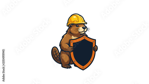 Beaver mascot with shield shape, construction theme, holding tools, strong safety logo, vector flat design, illustration, cartoon, vector, sign, worker, kid, shield logo, Beaver mascot with safety