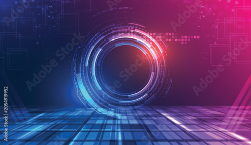 Futuristic hud portal circle with glowing light effects on abstract dark blue and pink background featuring square elements and grid floor for virtual reality tech gaming and cyberspace interface.