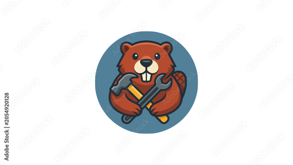 Fototapeta premium Tool Focus Beaver mascot with hammer and wrench close-up, construction tools focus, minimal vector logo, clean flat style, vector, illustration, face, funny, character, holding tools, helmet, circular