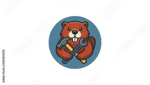 Tool Focus Beaver mascot with hammer and wrench close-up, construction tools focus, minimal vector logo, clean flat style, vector, illustration, face, funny, character, holding tools, helmet, circular