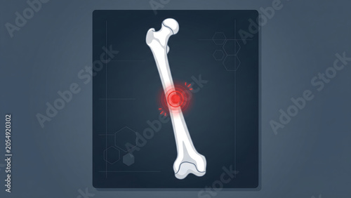 Femur thigh bone pain x-ray illustration showing bone fracture or ache