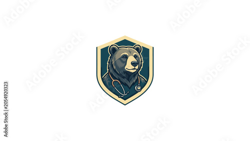 Premium doctor bear mascot logo, elegant medical branding, confident bear face, stethoscope details, high-end vector logo design, clean and modern style, bear, animal, teddy, cartoon, toy, vector, ill