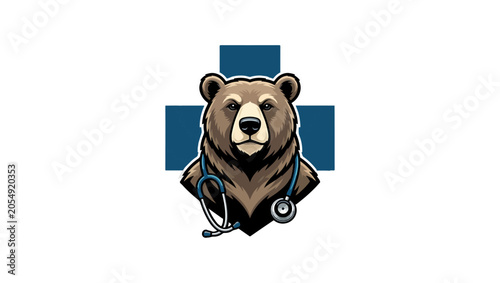 Professional bear doctor mascot logo, confident expression, medical coat, stethoscope around neck, modern healthcare branding, premium vector logo design, clean lines, flat style, isolated on white ba