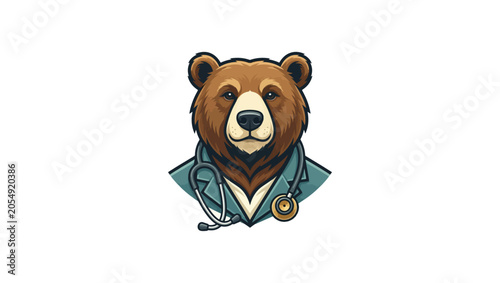 Premium doctor bear mascot logo, elegant medical branding, confident bear face, stethoscope details, high-end vector logo design, clean and modern style