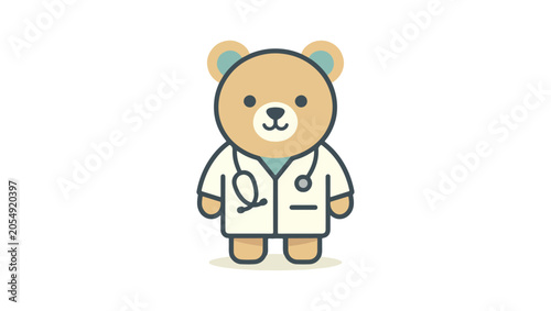 Minimalist doctor bear mascot logo, simple geometric shapes, friendly healthcare character, clean vector artwork, modern branding style, flat colors, isolated background, bear, teddy, cartoon, animal,