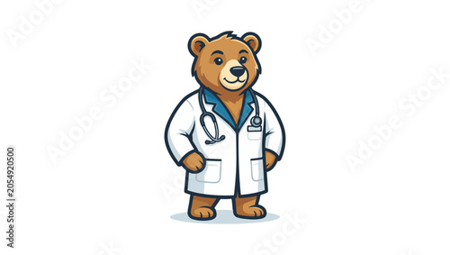 Professional bear doctor mascot logo, confident expression, medical coat, stethoscope around neck, modern healthcare branding, premium vector logo design, clean lines, flat style, isolated on white ba