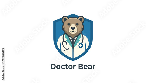 Doctor bear mascot integrated with medical shield, healthcare protection concept, professional vector logo, strong and trustworthy branding, clean flat design, logo, icon, vector, symbol, illustration