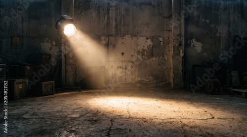 Moody Spotlight in Abandoned Industrial Warehouse with Dusty Atmosphere and Cracked Concrete Floor Background Interior