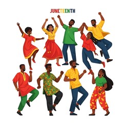 Diverse group of people celebrating Juneteenth with joyful gestures.