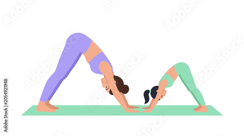 Mother and Daughter Practicing Downward Dog Yoga Pose Vector Illustration
