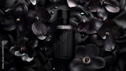 Black Perfume Bottle Surrounded by Dark Orchids on White Background