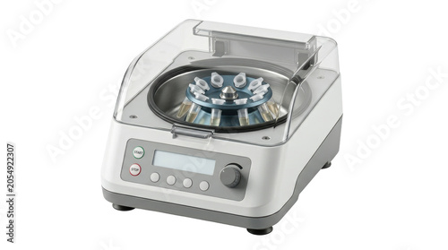 Compact laboratory centrifuge with a clear plastic lid and test tubes, used for scientific research and medical diagnostic separation