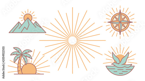 Retro outdoor adventure line art icons with sun elements