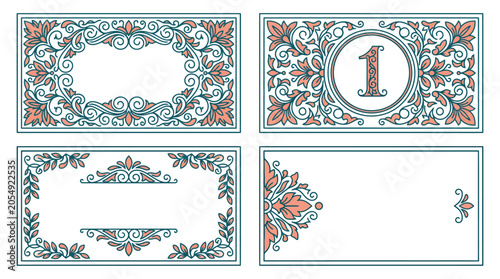 Set of vintage floral frames and decorative labels