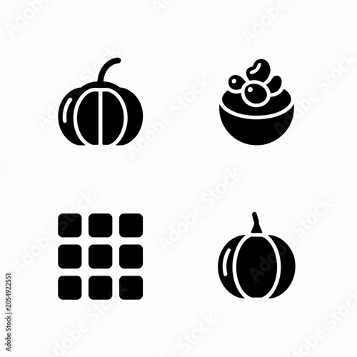 Black food and vegetable icons on a white background