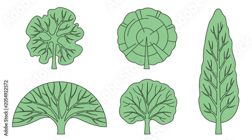 A collection of various green tree shapes on white background
