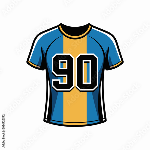 A blue and yellow sports jersey with the number ninety printed