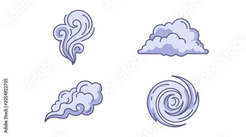Vector icons of clouds, wind, smoke and a spiral vortex