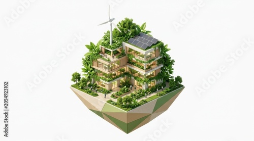 Floating eco-friendly island with green corporate buildings, solar panels, and wind turbines, representing sustainable business growth, ESG strategy, and clean energy.