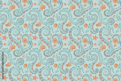 Seamless pattern featuring whimsical octopus tentacles seashells starfish and bubbles on a light blue aquatic background, for ocean themed