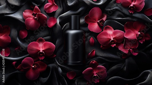 Black Perfume Bottle on Red Orchids with Black Satin Fabric Background