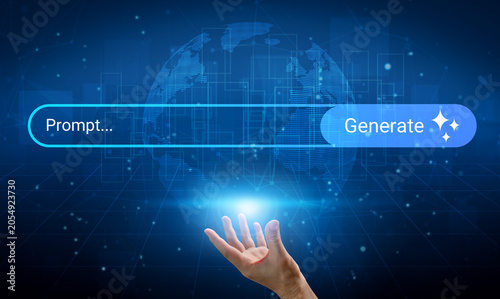 Quadro su tela A hand reaches towards a glowing prompt and generate button against a blue futuristic background, symbolizing innovation, creativity, and digital interaction in technology