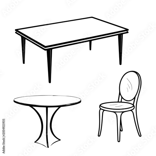 dining table and elegant chair, simple linear pattern.. Vector illustration. A set of furniture silhouettes is isolated against the background. For coloring pages, banner designs, postcards, calendars