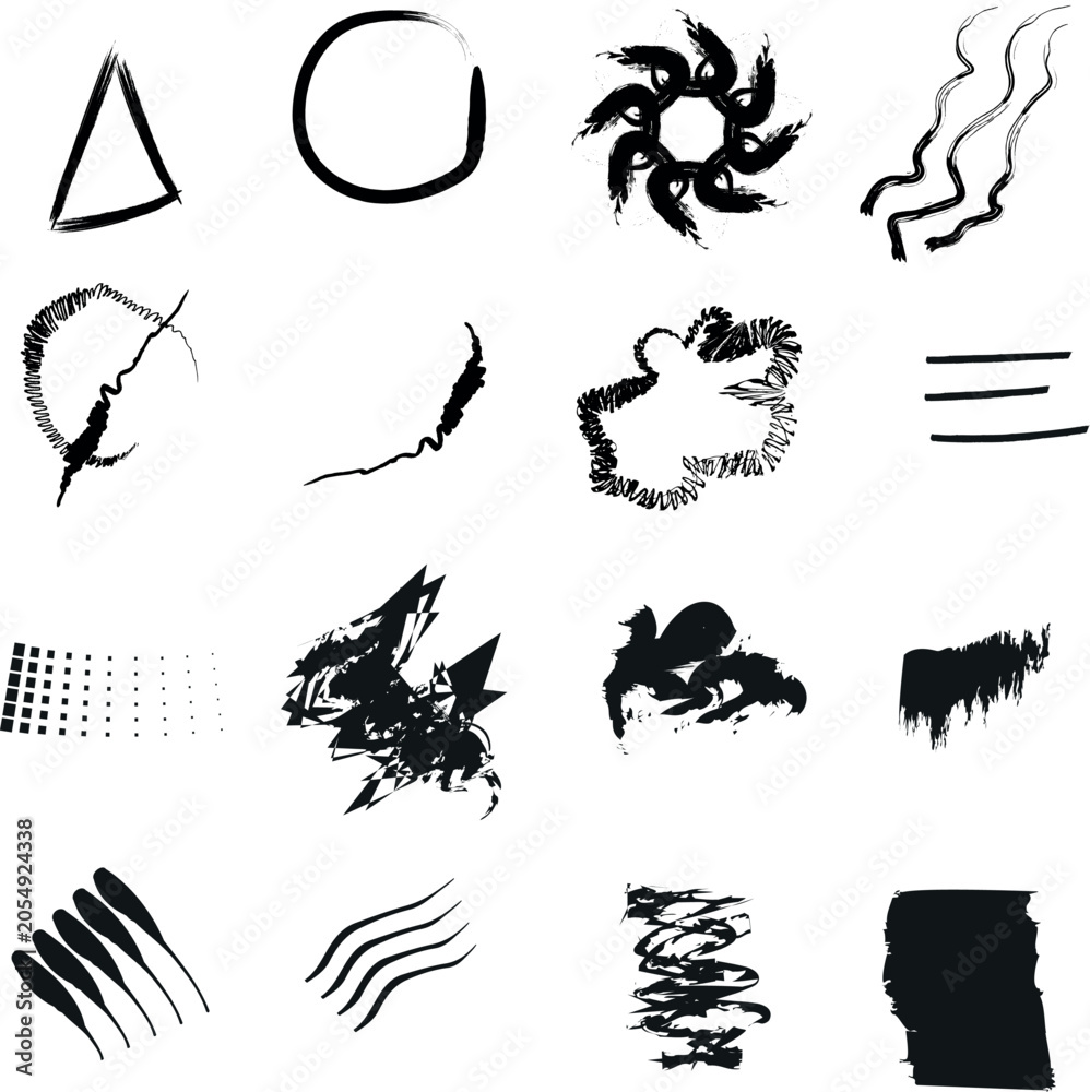 Fototapeta premium Black ink brush strokes and paint splatters vector set with abstract hand drawn shapes lines and textures