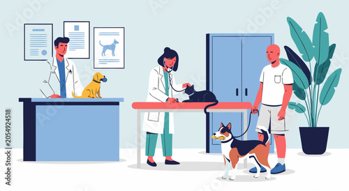 Veterinary Clinic Consultation Vector Illustration Depicting Professional Veterinarians Examining Pets and Providing Care for Animals