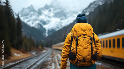 Young traveler with yellow backpack standing near train on scenic mountain railway