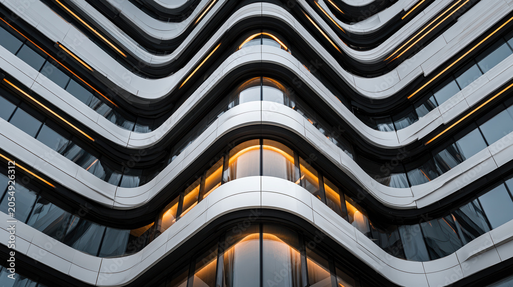Obraz premium Striking Modern Architectural Facade with Wavy Lines and Illuminated Windows