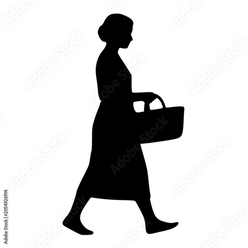 Walking forager woman with a woven basket silhouette