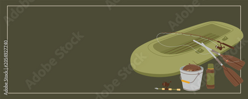 Tableau sur toile Excellent vector illustration of a wide horizontal fishing banner decorated with a green rubber boat paddles spinning rods thermos and a metal bucket full of caught fish