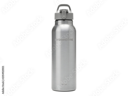 Silver metal bottle with branding space and grey handle lid on transparent background set.