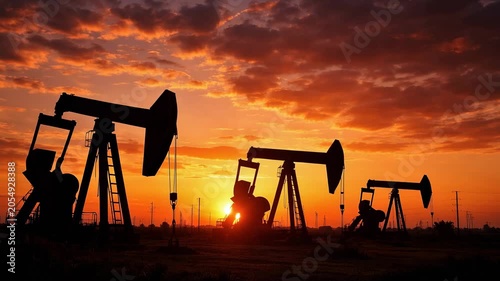 Oil pump jacks at sunset in energy field showing petroleum production and industrial power sector